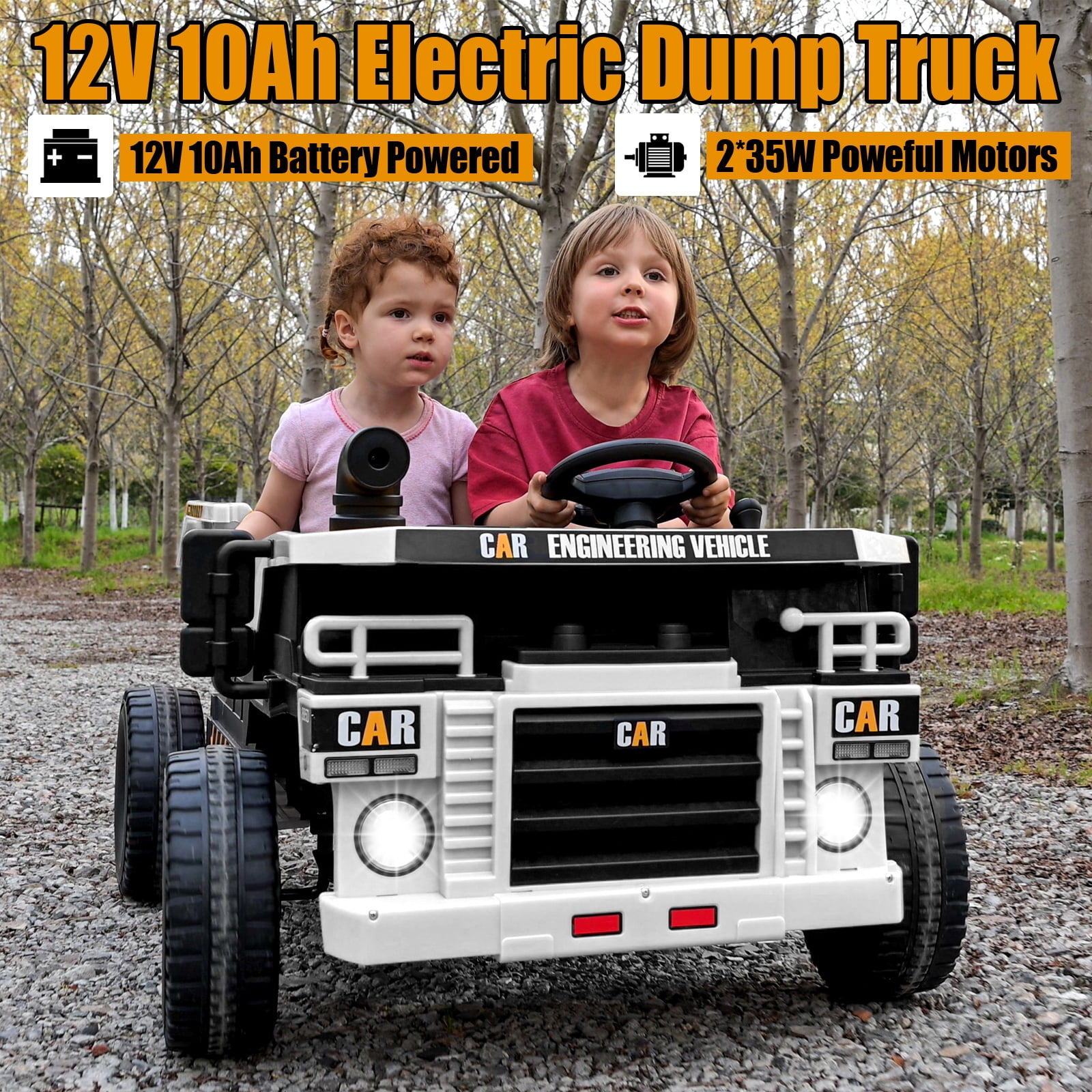 FINITO 12V 10Ah Ride on Toy for Toddlers, Powerful 4 Wheels Electric Dump Truck, 2 Seater Kids Ride on Car w/Parent Remote Control, White