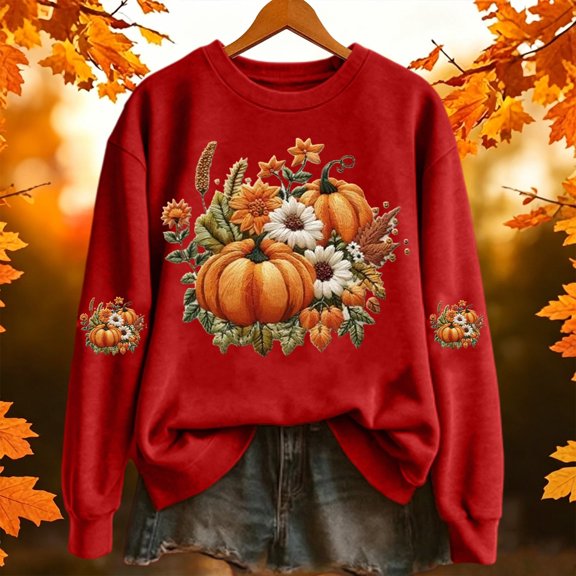LINGLANG Womens Fall Pumpkin Sweatshirt Harvest Floral Graphic Shirt Crewneck Pullover Top Long Sleeve Fall Thanksgiving Halloween Clothing