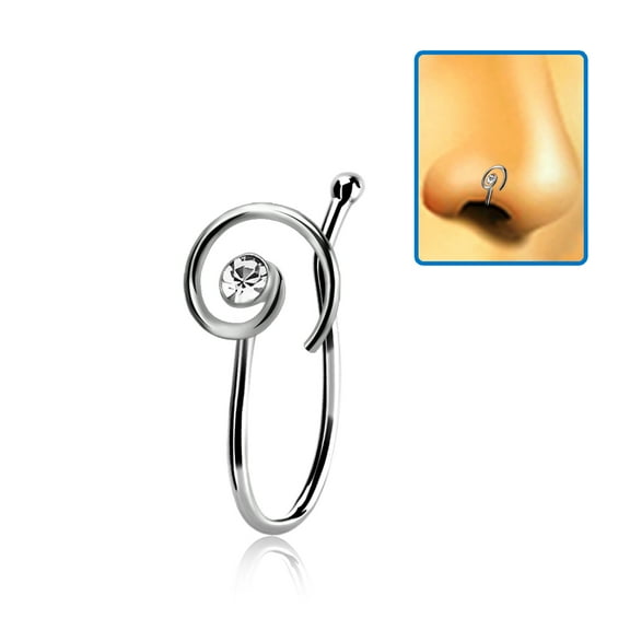 iJewelry2 Spiral Design Sterling Silver Clear CZ Illusion Faux Lip Nose Bone Clip-on Ring