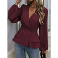 thumbnail image 6 of Women'S Elegant Solid Color Double Breasted Ruffle V-Neck Long Sleeved Shirt Wine Red XL, 6 of 8