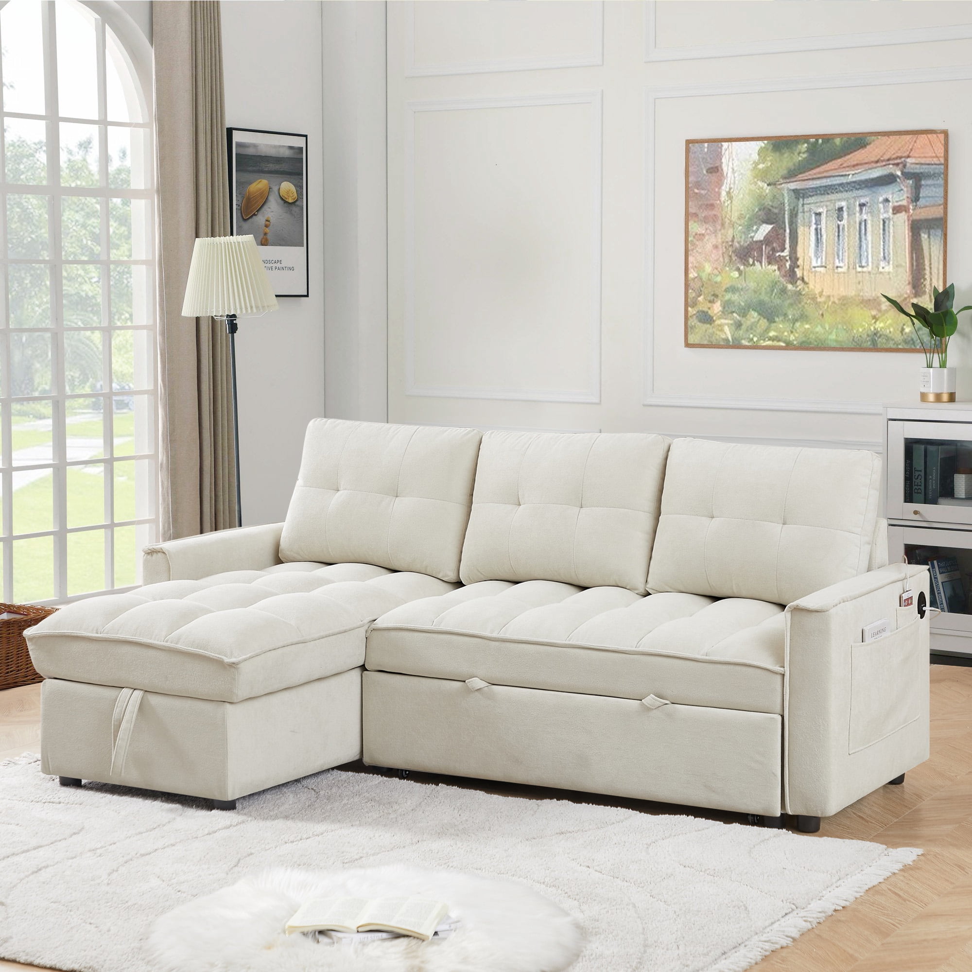 Lunale Convertible Sofa Bed with Reversible Storage Chaise, Sleeper Sectional Sofa with USB Charging Ports, L-Shaped Sectional Sofa for Apartment, Beige Chenille