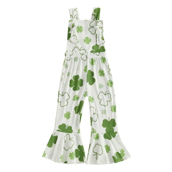 Toddler Girls St Patrick's Day Overalls Jumpsuit Shamrock Printed Sleeveless Flare Pants Romper for Infant Baby