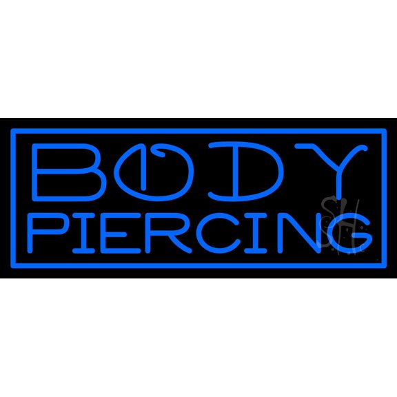 Blue Body Piercing LED Neon Sign 13" Tall x 32" Wide - inches Black Square Cut Acrylic Backing, with Dimmer - Premium built indoor Sign for Storefront, Store interior, Studio.