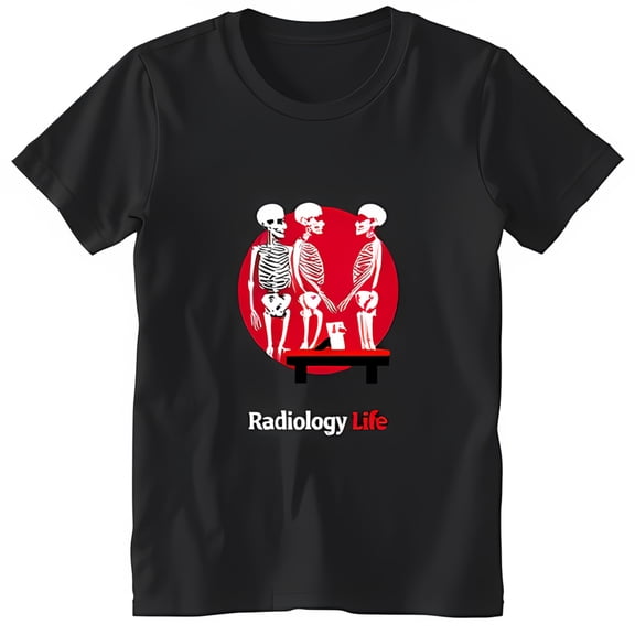 Radiology Life Black T-Shirt with Skeletons and Red Circle Design