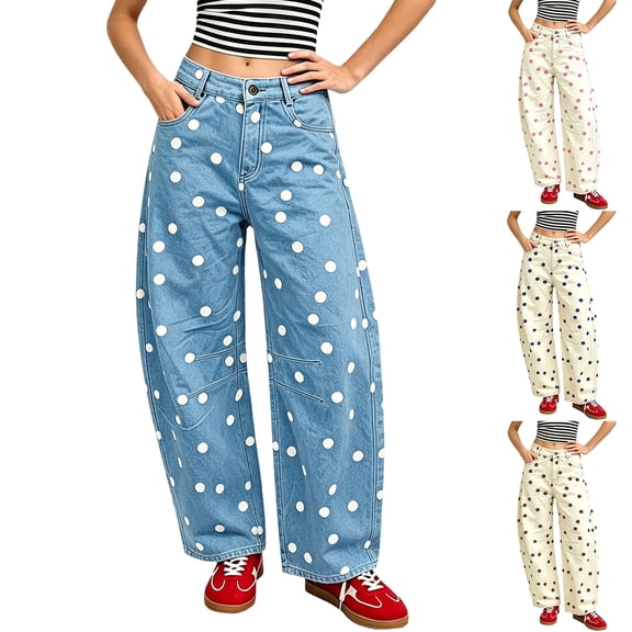 Polka Dot Casual Women's Jeans Summer Wave Dot Denim Pants Straight Leg Cotton Loose Fit Daily Wear for Female
