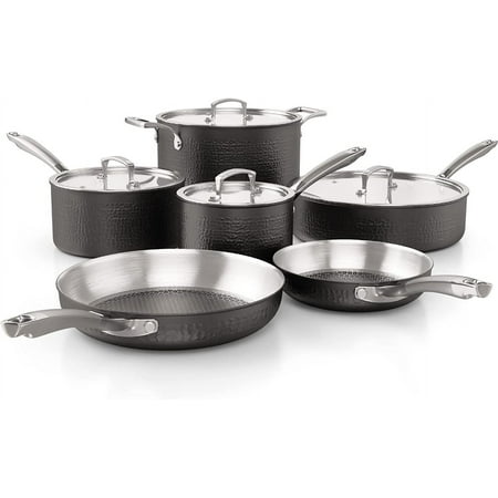 

Homaz life Pots and Pans Set Tri-Ply Stainless Steel Hammered Kitchen Cookware Induction Compatible Dishwasher and Oven Safe Non-Toxic Professional Grade Cooking Sets 10-Piece Silv