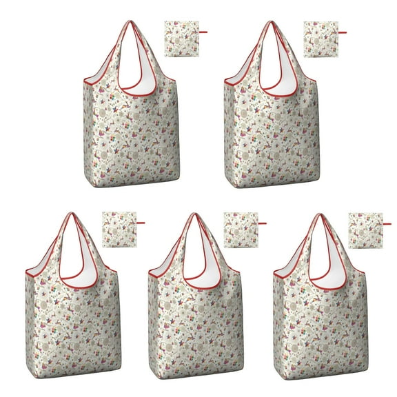5 Pack Foldable Shopping Bag,White Christmas Star and Gift Pattern Reusable Grocery Bags with Pockets,Large Reusable Tote Bags with Handles Waterproof & Lightweight