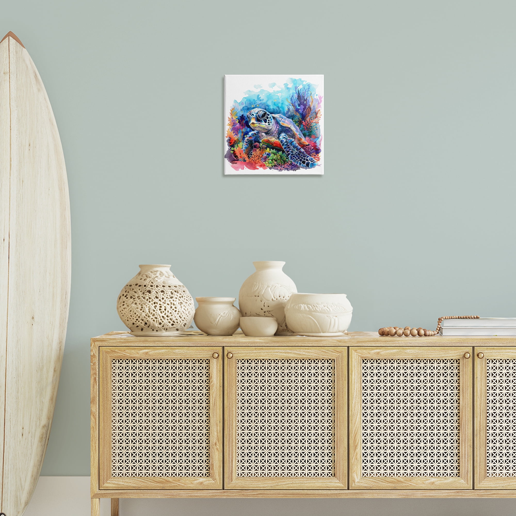 Stupell Industries Undersea Turtle & Coral Animals Painting Wrapped Canvas Art Print Wall Art, 17 x 17