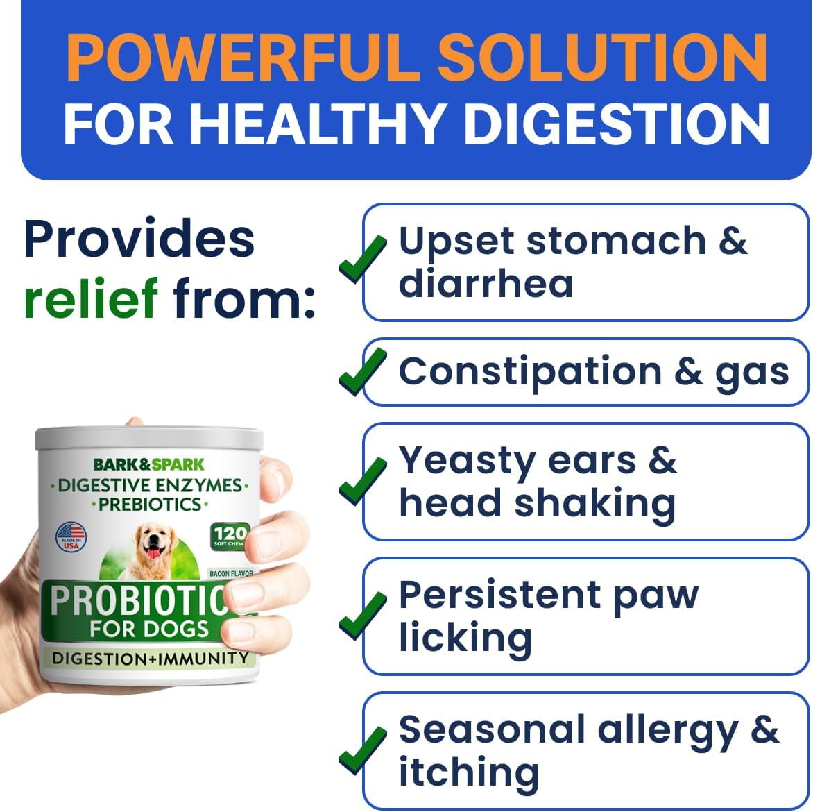 Bark&Spark Probiotic Chews for Dogs - Digestive Enzymes, Diarrhea & Upset Stomach Relief - Gut Health, Itchy Skin, Prebiotic, Bacon (120 ct)