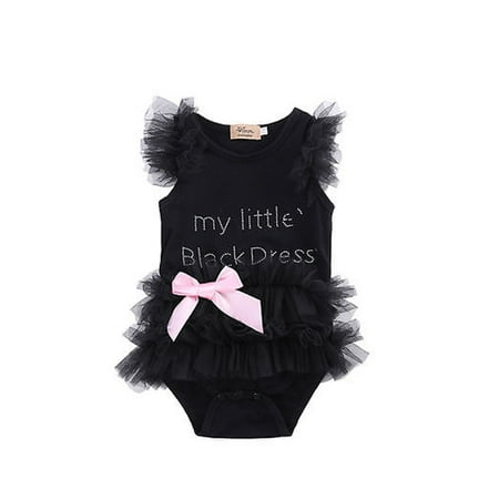 

Infant Baby Girl Tutu Romper Letter Lace Ruffles Cuff Bodysuit Jumpsuit Summer Black Dress Bowknot Bow Lace Cloth