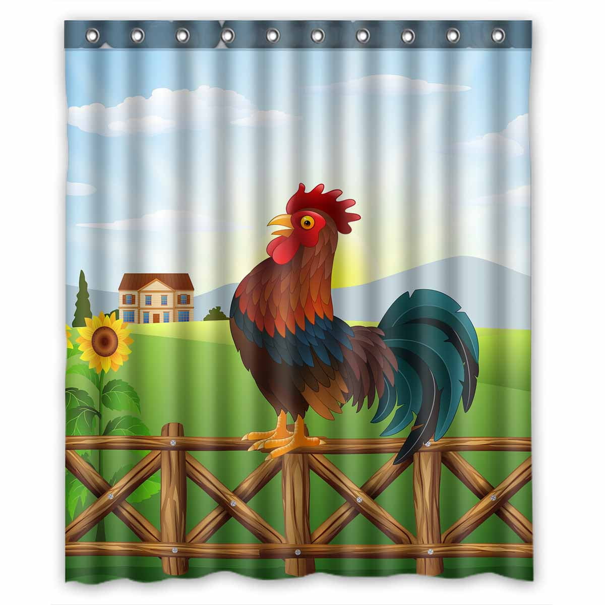 Cartoon Rooster Farm Morning Polyester Fabric Shower Curtain Bath Accessory Sets 