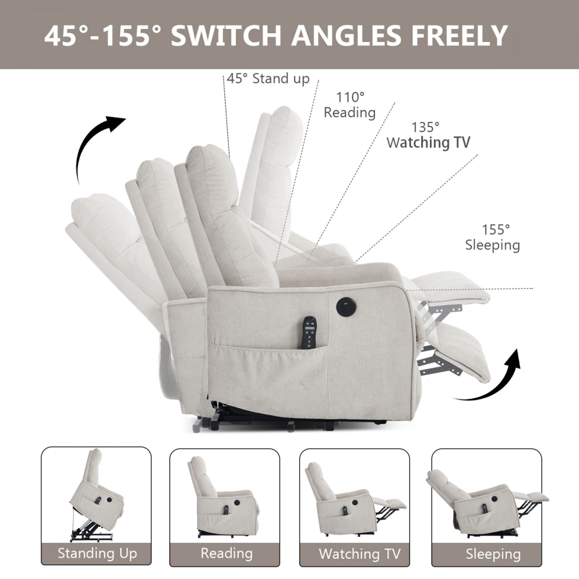 Beige  Chenille Single Motor Power Lift Recliner Chair with Massage and Heat for Elderly, Heavy Duty Motion Mechanism and One USB for Charging, Max Reclining Angle 155°
