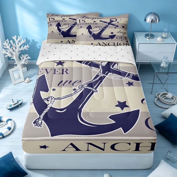 Erosebridal Nautical Anchor Zipper Twin Comforter Sets with Fitted Sheet and 2 Pillowcases, Marine Zipper Bedding Set, Reversible