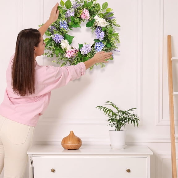 JEWLALO Spring Wreath Artificial Lilac Eucalyptus 20 Inch, Pink White Blue Purple Green, Spring Easter Summer Front Door Wall Decorations