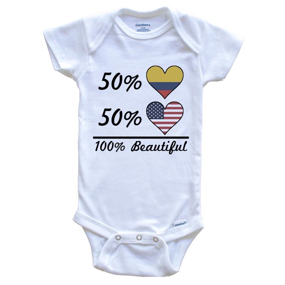 50% Colombian 50% American 100% Beautiful Colombia Flag Heart Baby Bodysuit, 0-3 Months White