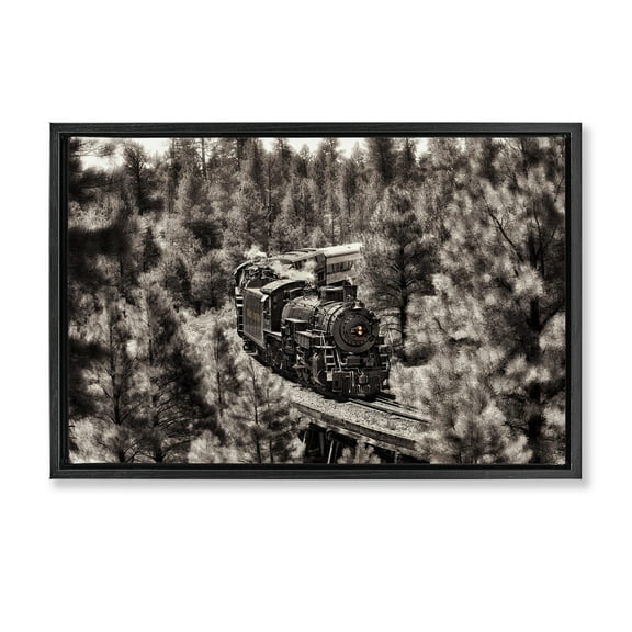 Stupell Industries Train on Curving Path Transportation Photography Black Floater Framed Canvas Art Print Wall Art, 25 x 17