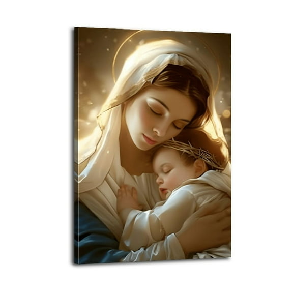 Baby Jesus Nestled in Virgin Mary Poster Wrapped Wooden Frame Wall Decor,,Canvas Wall Art for Living Room,Bedroom,Office,Ready to Hang