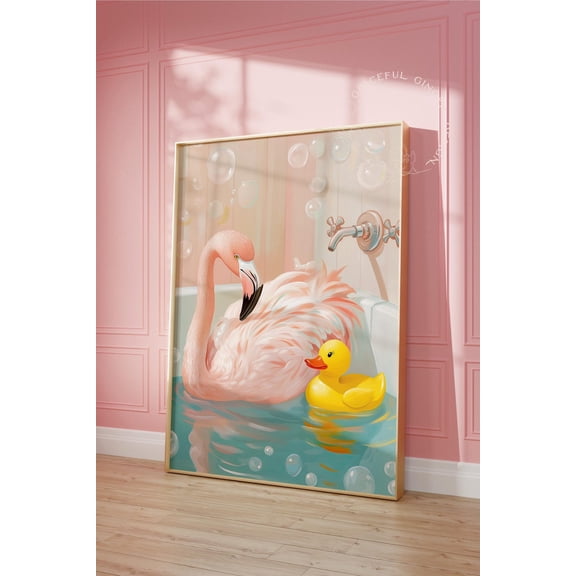 Flamingo In Bathtub Art Print, Preppy Pink Bathroom Decor Home Decor #2379, Unframed Poster Size 8x12