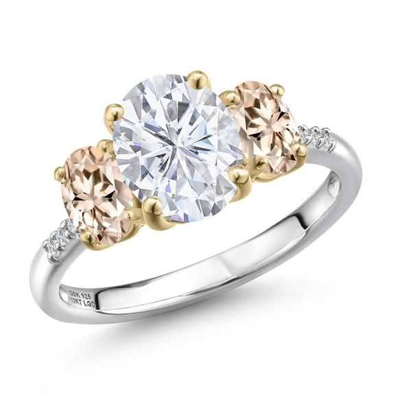 Gem Stone King 925 Silver and 10K Yellow Gold White Moissanite and Peach Morganite and Lab Grown Diamond Engagement Ring for Women | 3.16 Cttw | Oval 9X7MM | Birthstone | Size 7