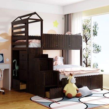 Stairway Twin Over Full Bunk Bed  House Bed with Two Shelves and Seven Drawers  Wood Kids Bunk Bed with Two Shelves and Seperate Platform Bed  Cabin Bunk Beds  Stairway House Bed  Expresso