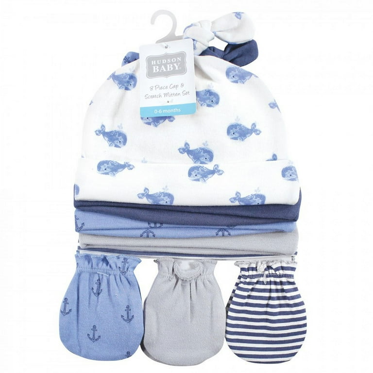 Hudson Baby Infant Boy Cotton Scratch Mittens, Blue Whale, 0