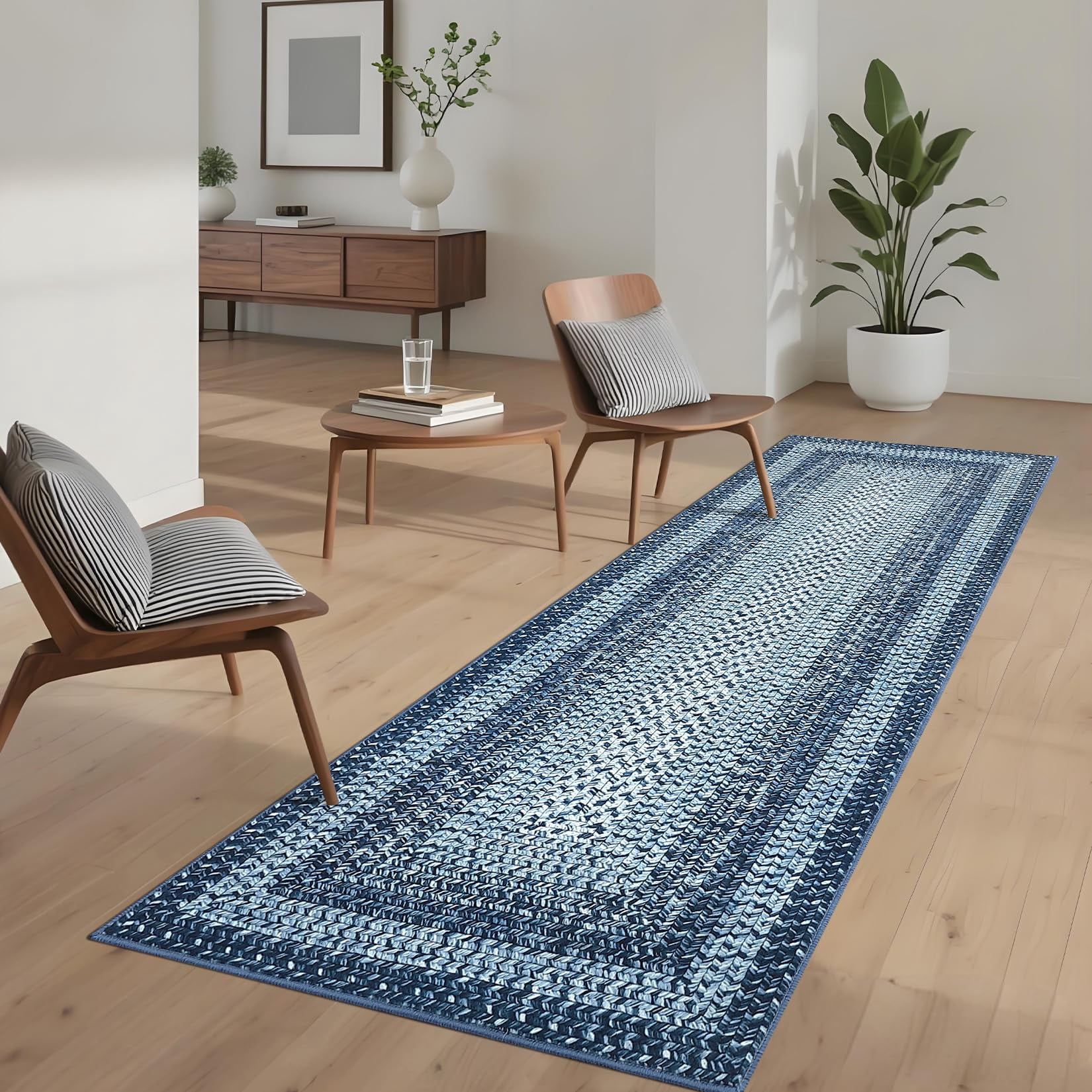 Modern Washable Runner Rug 2'x8' Vintage Braided Print Non-Slip Low Pile Carpet for Entryway Home Office, Gray and Blue
