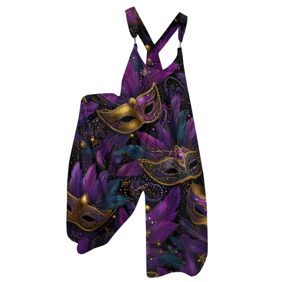 Fgvctg Mardi Gras Womens Overalls Wide Leg Pant Parade Overall Mask Graphic Sleeveless Carnival Party Spaghetti Straps Jumpsuits Romper Bib Overalls Oversized Sprimg Pants With Pockets Purple M