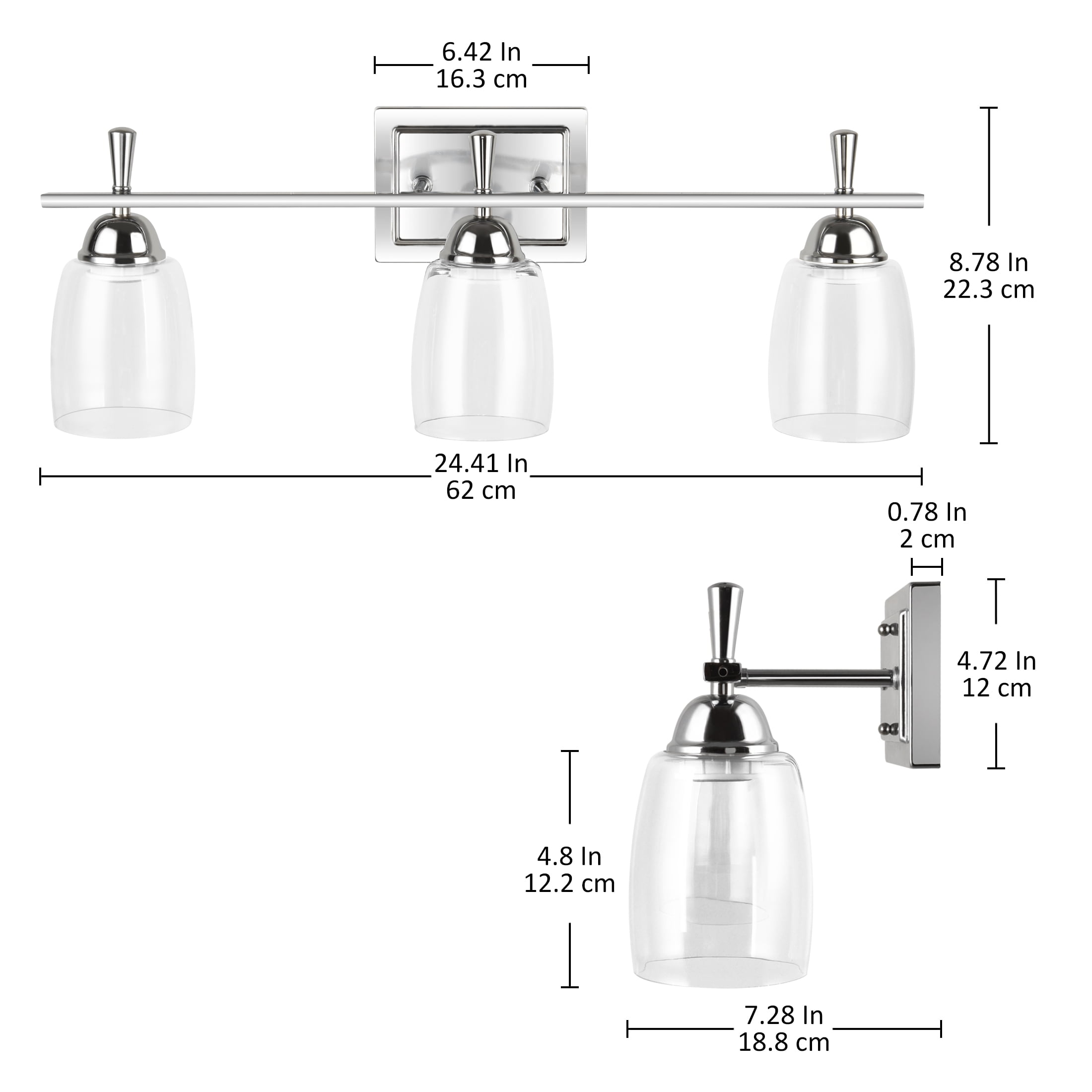 Better Homes & Gardens 24.41" Modern 3-Head Vanity Light, Chrome Finish Clear Glass, ST18 LED Bulbs