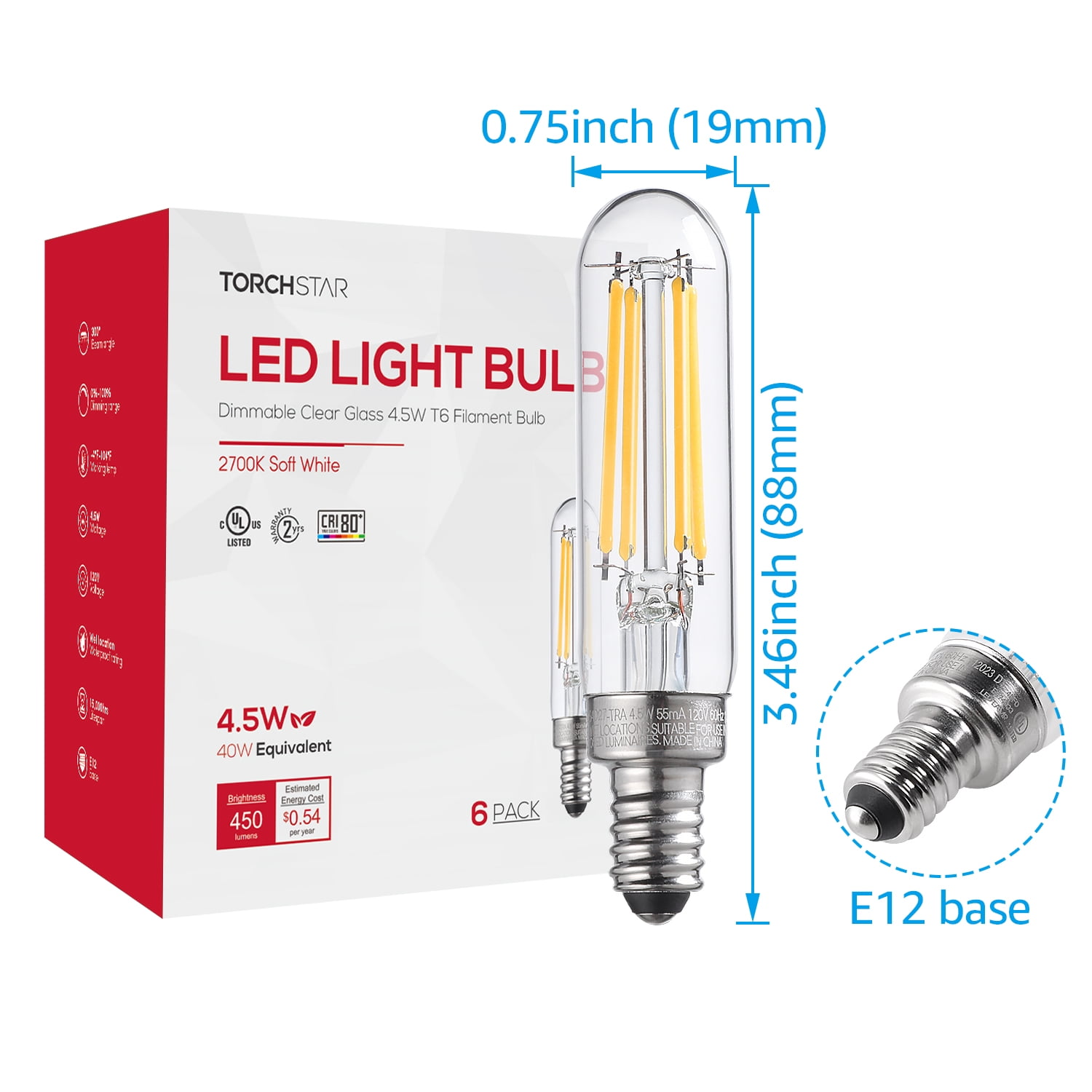 12 Pack T6 Candelabra Base Bulb, 4.5W(40W Equiv.), LED E12 Spiral Filament Bulb 2700K Soft White