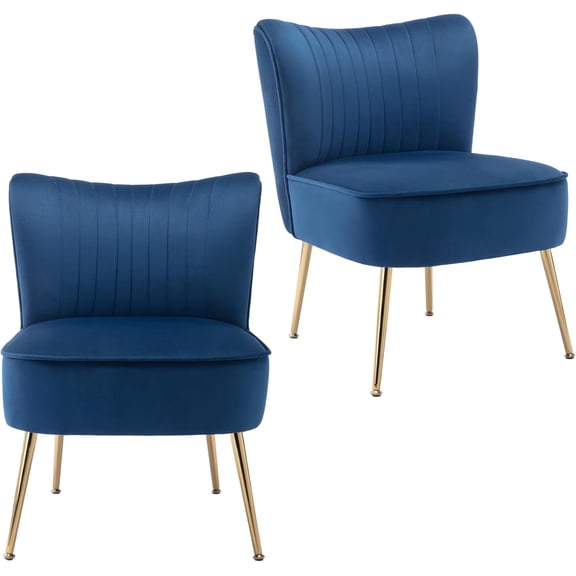 Velvet Accent Chairs Set of 2, Upholstered Living Room Chairs with Gold Metal Legs, Modern Armless Chairs for Bedroom, Reading Nook, Apartment, Blue