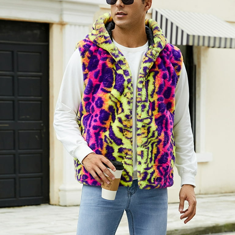 Men's Luxury Faux Fur Hoodie Vest - Colorful Leopard Open Front