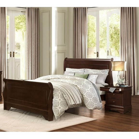 Wooden Furniture 3pc Bedroom Queen Bed and 2x Nightstand Set Classic Brown Cherry Finish Louis Phillippe Style