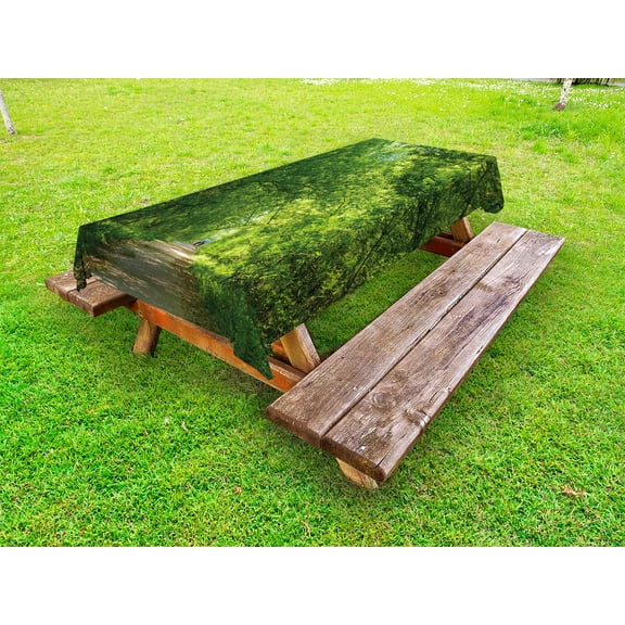 Landscape Outdoor Tablecloth, Fresh Forest Canopy Trees over Footpath in an Old Park People Walking Natural Scenery, Decorative Washable Fabric Picnic Tablecloth, 58 X 120 Inches, Green, by Ambesonne