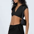thumbnail image 3 of Top corto de manga corta para mujer, Top corto acanalado con cuello en V profundo, Tops ultracortos informales de verano, negro M, 3 of 6