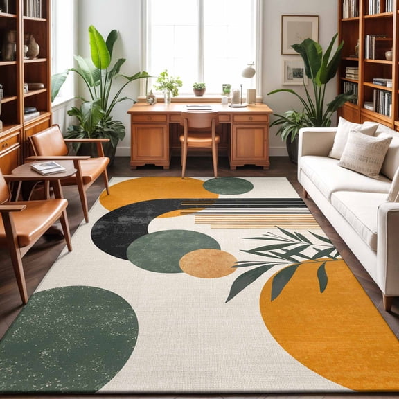 Area Rugs 4'x6'. Boho Middle Century Carpet Runner Indoor Outdoor Rugs Home Decor Aesthetic, Abstract Orange Geometric Leaves Non Slip Mats Washable Accent Rug for Living Room Bedroom