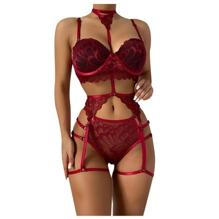 

Umitay Women s tempting Mesh Underwear See-through Halter Underwear Three-piece Suit