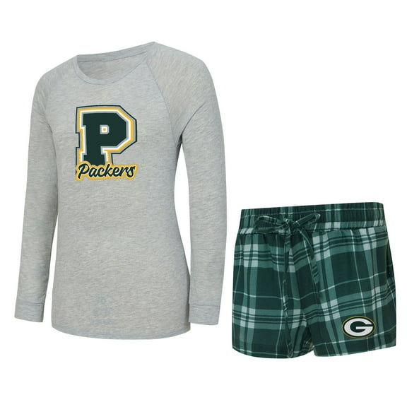 Women's Concepts Sport Heather Gray/Green Green Bay Packers Regulate Plaid Long-Sleeve T-Shirt & Shorts Sleep Set