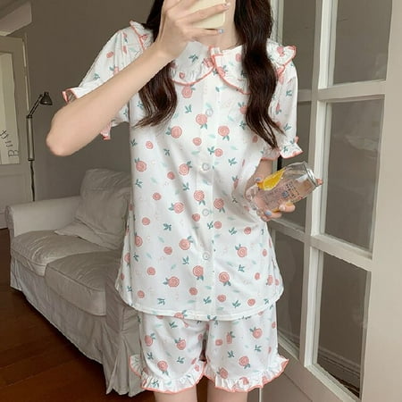 

PIKADINGNIS New Girl Pajama Sets Turn-down Collar Short Sleeve Women Summer Printed Cartoon Thin Kawaii Trendy Womens 2pcs Pyjamas Elegant