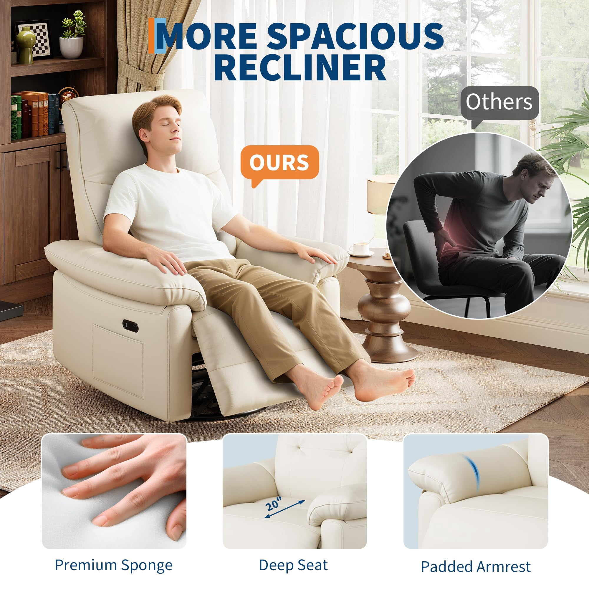 Ataucjin Power Recliner Rocking Chair Nursery Gliders with USB Ports,PU Leather Swivel Rocker Recliner,Upholstered Nursery Glider Reclining Sofa Chair,Ergonomic Lounge for Living Room Bedroom