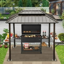 Domi Grill Gazebo 8'  6' Aluminum BBQ Gazebo Outdoor Metal Frame with Shelves Serving Tables, Permanent Double Roof Hard top Gazebos for Patio Lawn Deck Backyard and Garden (Brown)