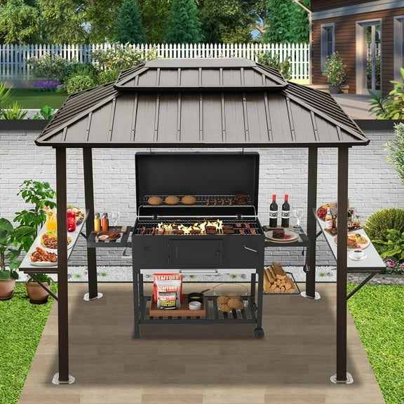 Domi Grill Gazebo 8' 6' Aluminum BBQ Gazebo Outdoor Metal Frame with Shelves Serving Tables, Permanent Double Roof Hard top Gazebos for Patio Lawn Deck Backyard and Garden (Brown)