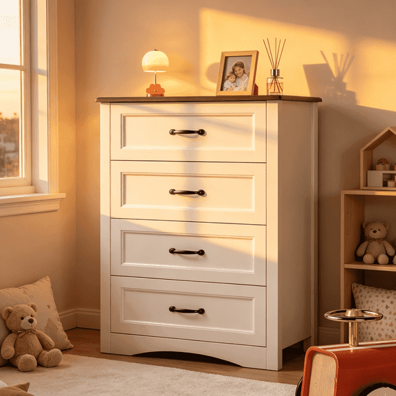 4 Drawer Dresser, Gizoon Chest of Drawers Storage Organizer Unit with Wooden Frame for Bedroom/Closet, White and Rustic Painted