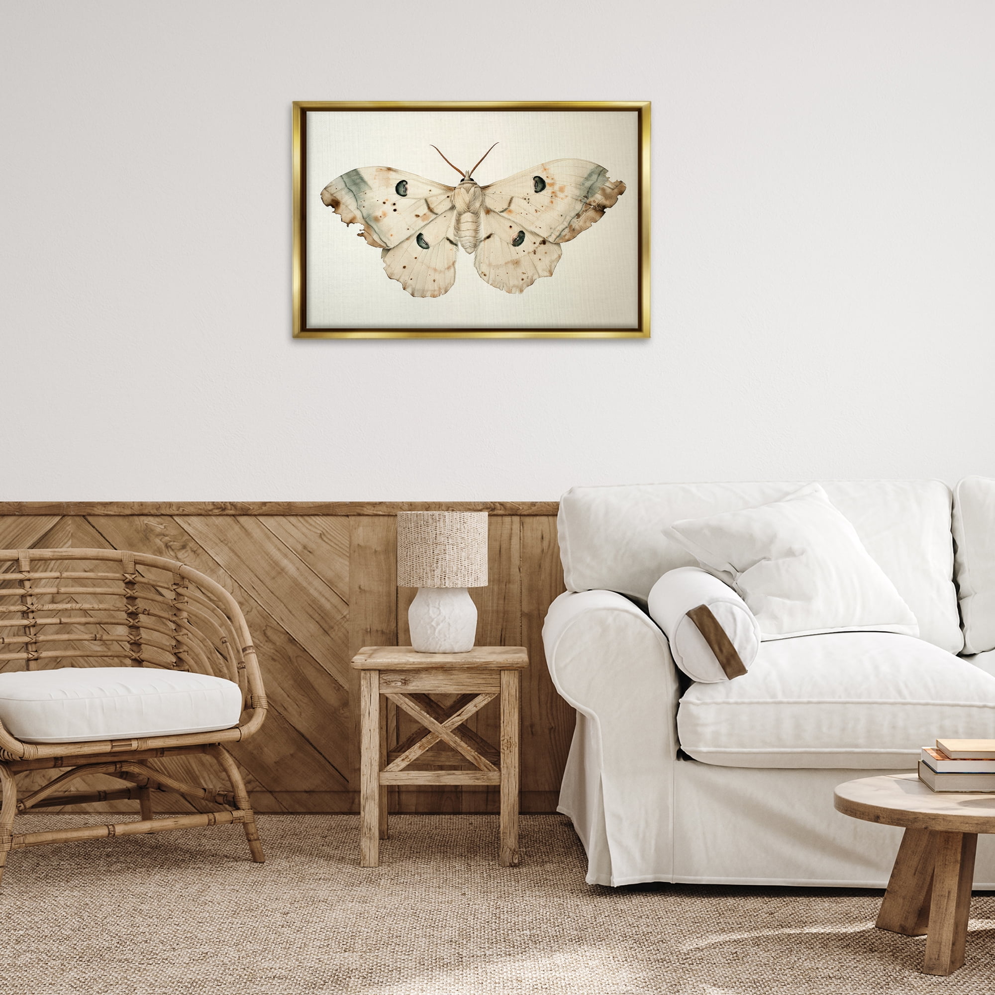 Stupell Industries Vintage Beige Moth Animals Painting Gold Floater Framed Canvas Art Print Wall Art, 31 x 21