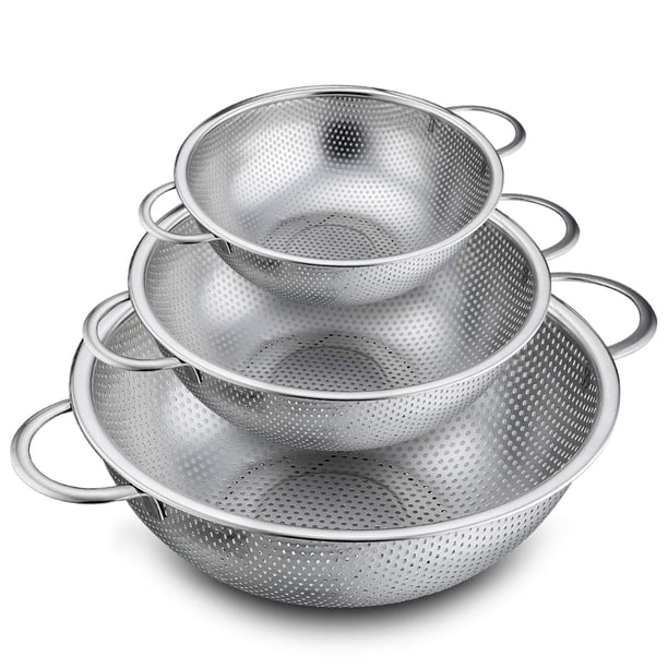 Juego de coladores multiusos, coladores microperforados de malla de acero inoxidable para un drenaje y lavado eficientes, saludables, duraderos y aptos para lavavajillas, tres tamaños para diversas