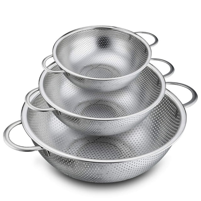 3pcs Stainless Steel Micro-Perforated Kitchen Strainer, Pasta Strainer with Handles, Colander for Pasta, Fruit, Rice, Vegetables, Healthy and Highly Polished, Dishwasher Safe