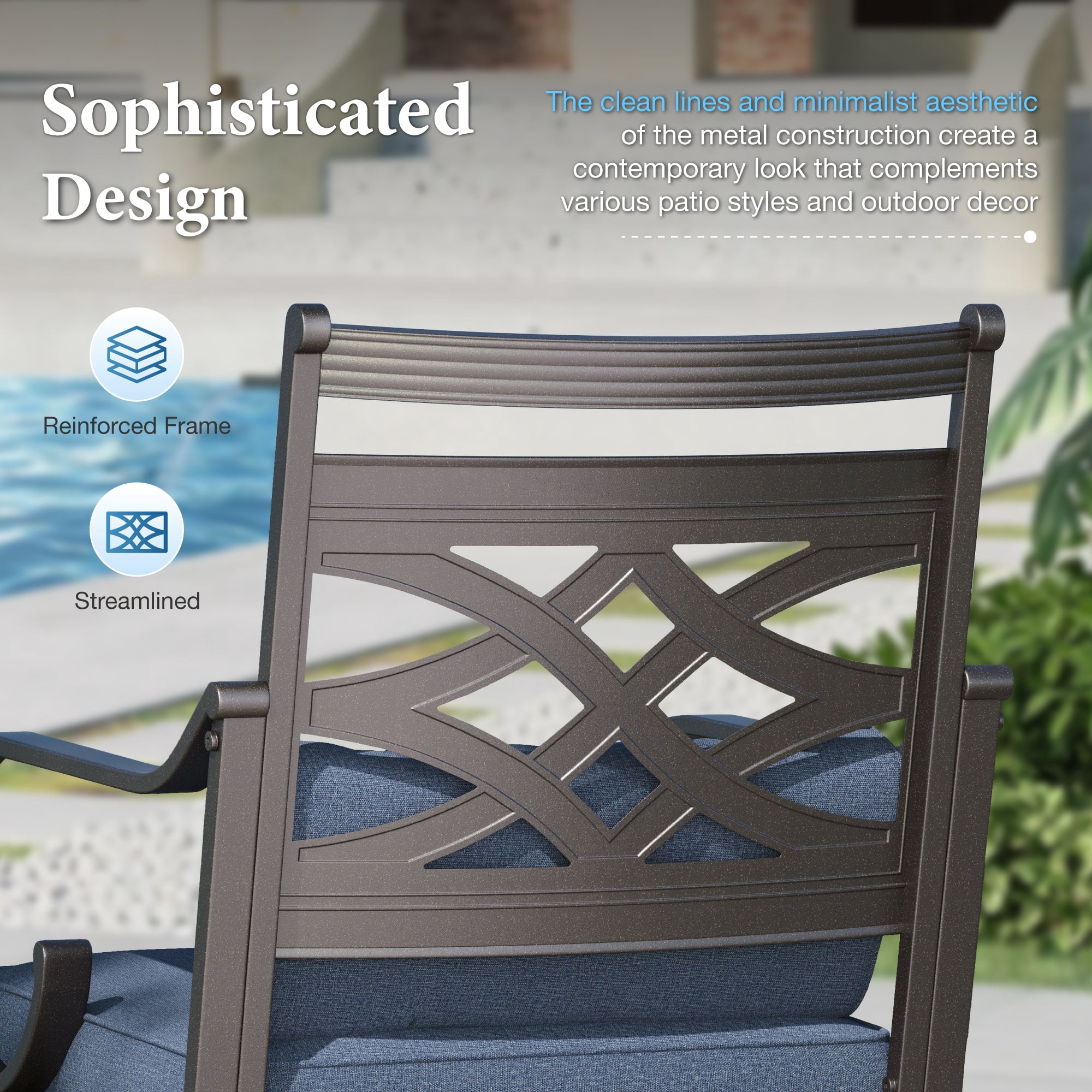 SUMMIT LIVING 7-Piece Outdoor Patio Dining Set with 6 Cushioned Chairs & Metal Round Table with Umbrella Hole, Black & Blue