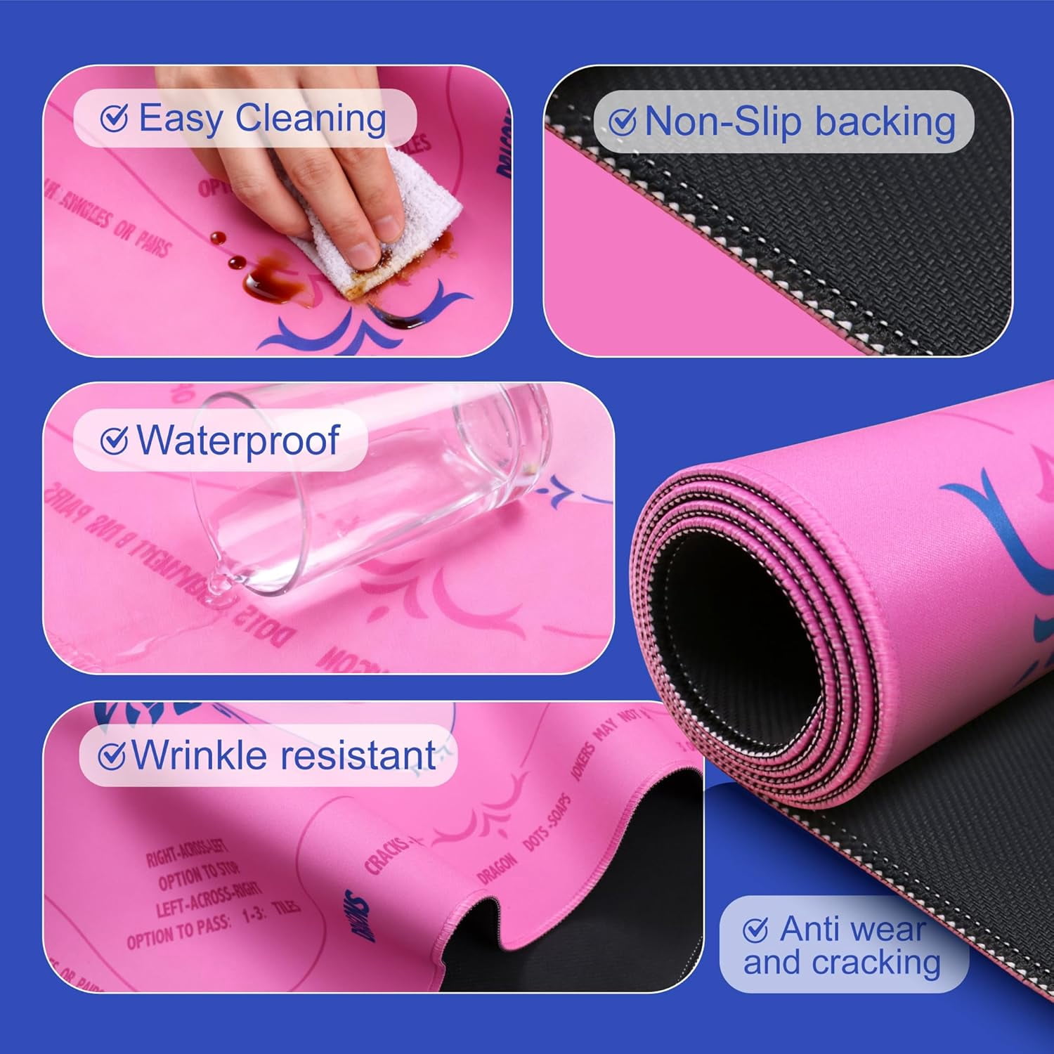 Mahjong Mat for Table, American Mahjong Mat with Printed Rules, 32x32 Inch Non-Slip, Quiet and Foldable Game Mat, Includes Portable Tote Bag (Pink)