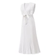 thumbnail image 5 of Franhais Women Temperament Long Dress, Solid Color Ruffle Sleeve V Neck Pleated Chiffon Dresses with Waistbelt, 5 of 7