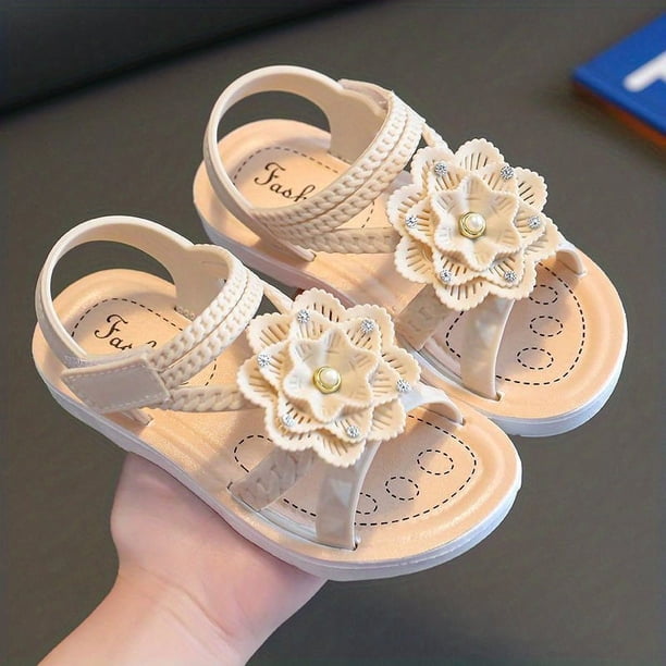 Toddler Baby Girls Cute Flower Non Slip Sandals, Girls Kids Outdoor Soft Sole Open-toe Sandals With Hook And Loop Fastener For Summer