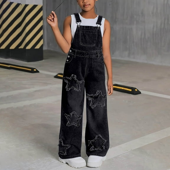 fnnxnal Girls' Black Denim Overalls - 6-12Y Retro Wide-Leg with Star Distressing, Adjustable Straps & Pockets, Size 130-160,Size 10-11T